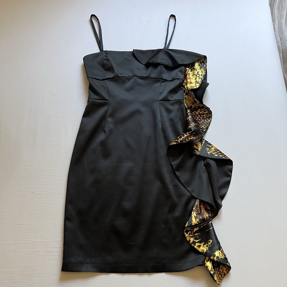 JUST CAVALLI ROBERTO Black ruffle‎ python snake reptile print mini dress
